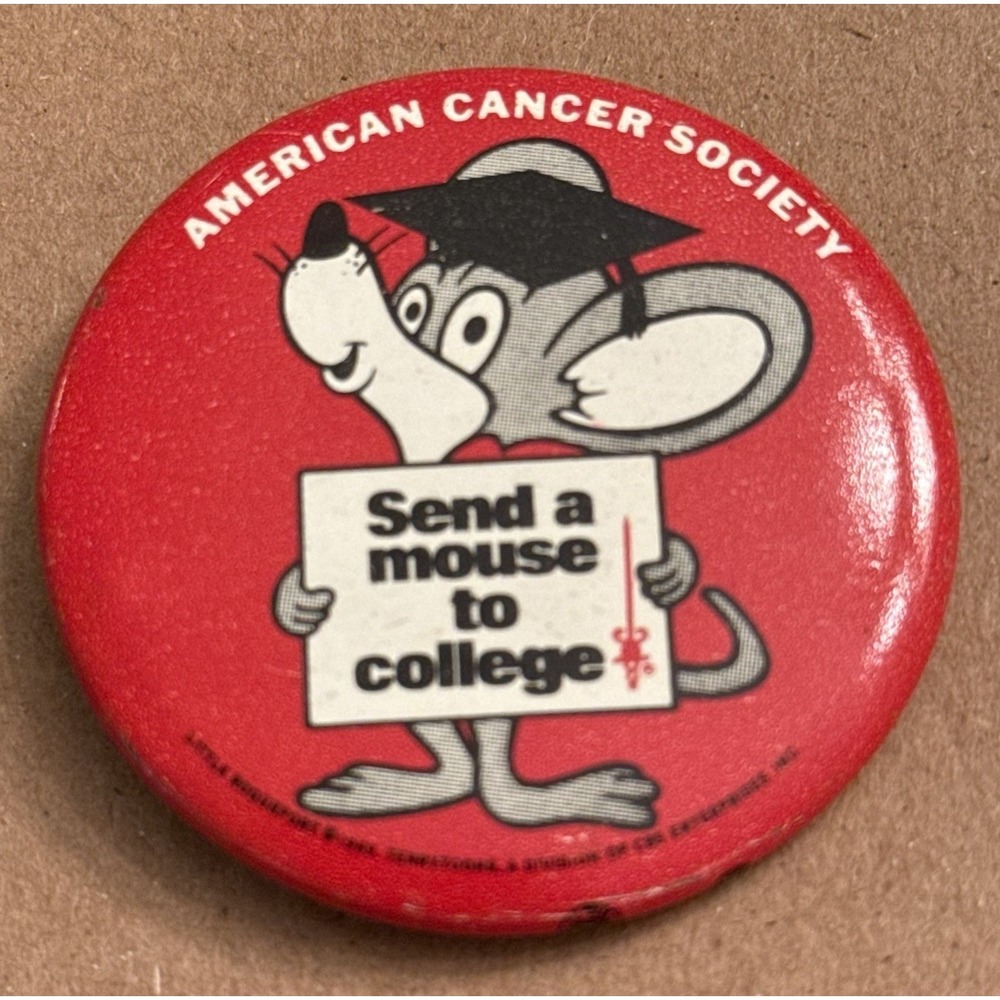 American Cancer Society 1969 Send A Mouse College Pinback Button Pin Round Vtg